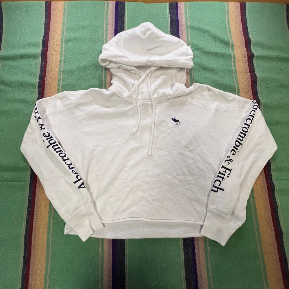 Abercrombie & Fitch Hoodie Women XS White Cropped Logo Sleeve Pullover Sweat